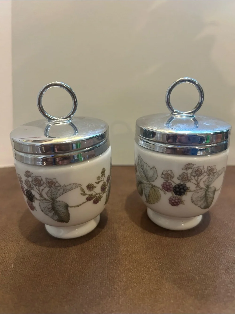 Porcelain Egg Cups with Silver Lids and Berry Motif - Picture 1 of 13
